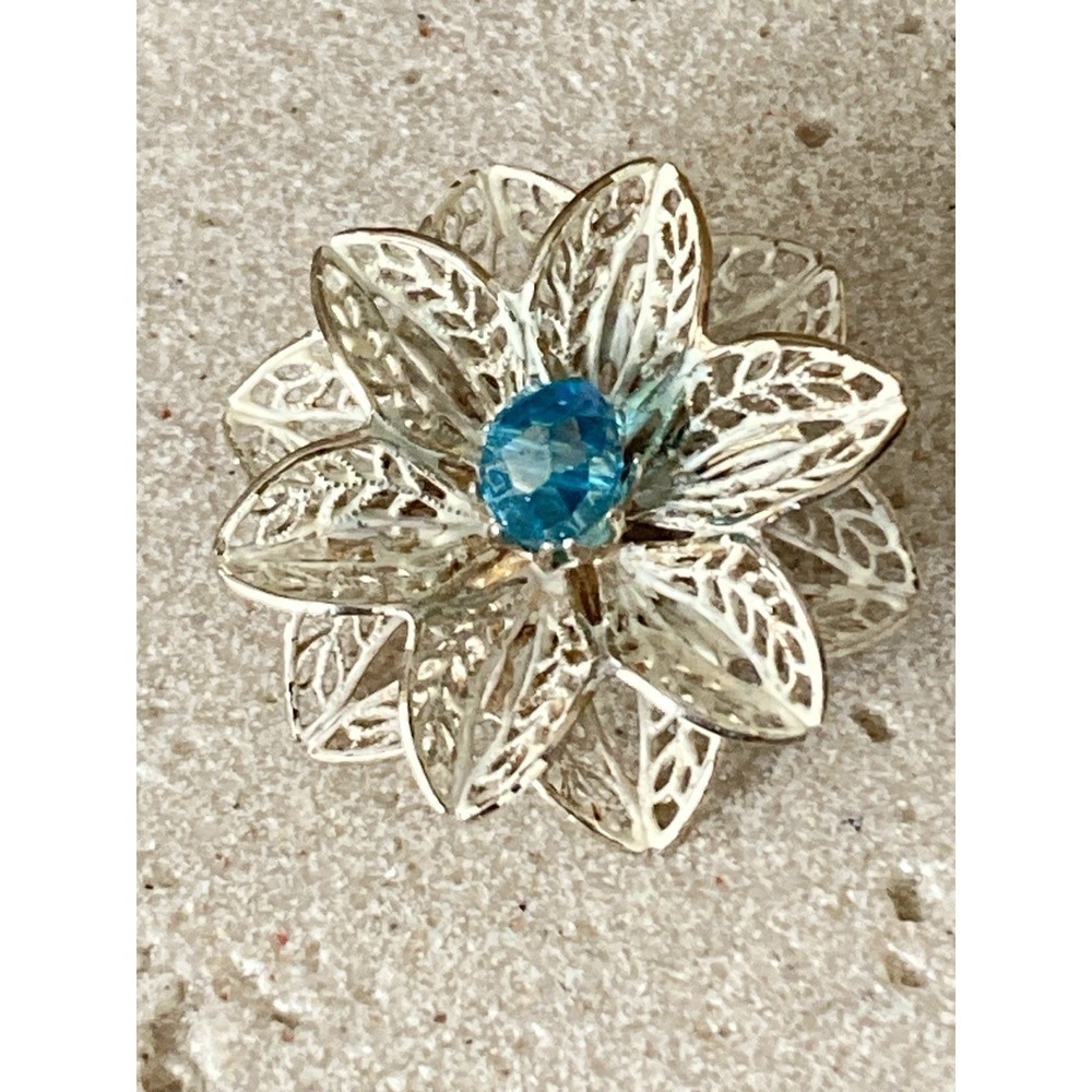 Filigree Flower Brooch Aqua‎ Blue Rhinestone Pin Openwork Enameled Silver Tone